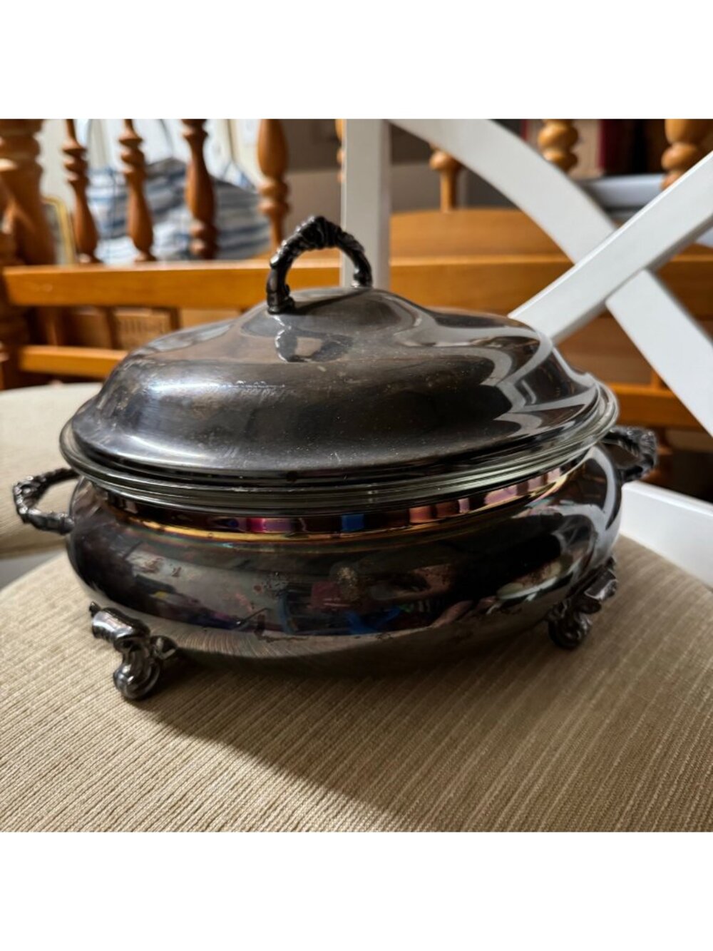 Vintage Silver-Plated Covered Serving Dish Lid Handle Glass Divider Insert